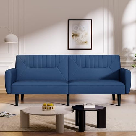 AMICLIBER Futon Sofa Bed,75.8" Linen Fabric Comfy Futon Couch Bed,3 Seater Convertible Sleeper Sofa with Adjustable Backrests,Modern Folding Loveseat for Living Room,Office,Apartment,Bedroom,Blue AMICLIBER