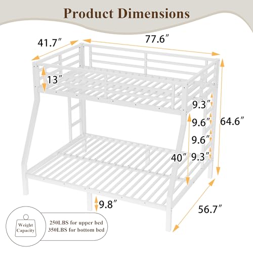 Twin over Full Metal Bunk Beds for Kids Teens Adults, Heavy-duty Metal Bunk Bed Frame with Guardrail, 2 Ladders & Under-bed Storage for Bedroom Guest Room Dorms, Space-saving/Noise-reduce, White Bellemave