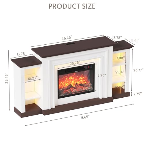 ENSTVER 72''Modern Electric Fireplace Mantel TV Stand,Large Entertainment Center with Open Storage Shelves for 80''TV, LED Ambient Lighting Fireplace TV Stand for Living Room ENSTVER