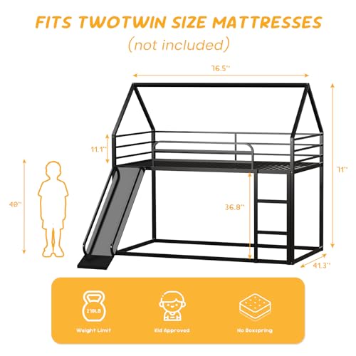 Varmsteda Bunk Bed Twin Over Twin for Kids with Slide and Ladder, Metal Floor Bunk Bed Frame with Full-Length Guardrail, Space-Saving Bunk Beds, Black Varmsteda