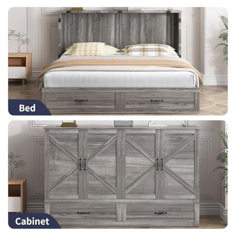 ZAFLY Murphy Bed Queen, Cabinet Bed with Tri-Folding Mattress, Hidden Guest Wall Beds with USB Charging Station & Storage Drawers, Modern Multifunctional Cabinet Murphy Beds, Saving Spaces - Grey ZAFLY