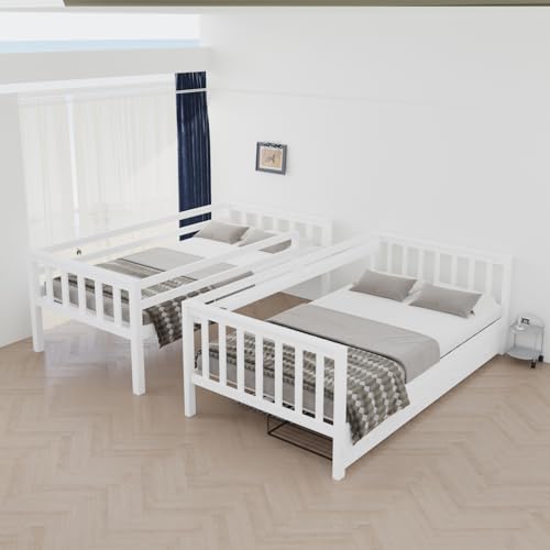 FJTJBSI Solid Wood Bunk Bed with Charging Station and LED Lights Detachable Bunk Bed Twin Over Twin with 2 Storage Drawers Full Size Bed Frame with Guardrail and Ladder for Kids Adults Bedroom FJTJBSI