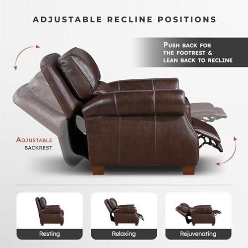 Lexicon Push Back Reclining Chair, Top Grain Leather Match Push Back Recliner Chair with Nailhead Trim, Rolled Arms, Solid Wood Legs, for Living Room/Apartment/Office, Easy Assembly, Brown