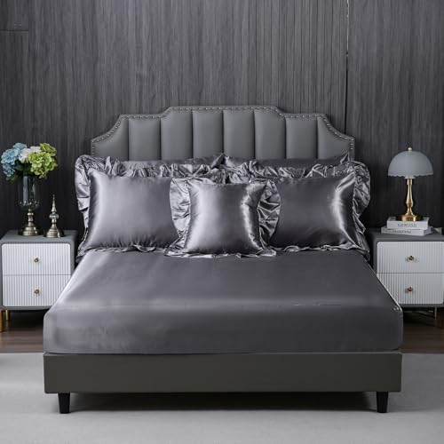 Herside Satin Comforter Set with Sheet Set Queen Size,8 Pieces Grey Ruffle Comforter Silk Like Satin Bedding Set,Soft Smooth Luxury Silky Quilt Set with 1 Cushion Cover All Season Herside