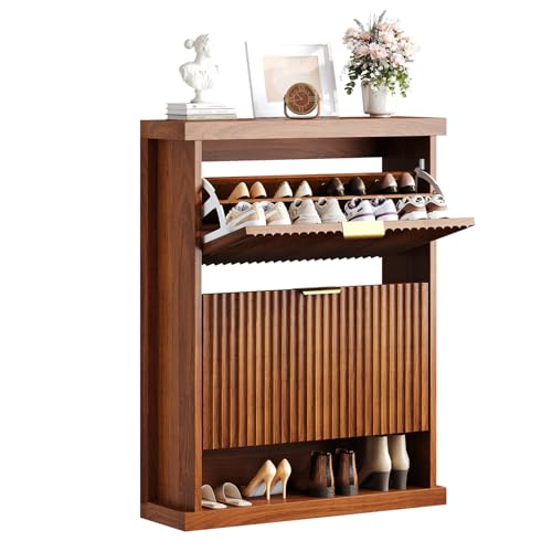 knoworld Walnut Shoe Cabinet Storage for Entryway,2 Flip Drawers with Toe Kick Space,Narrow Wood Fluted Shoe Rack Cabinet,Fluted Slim Shoe Cabinet for Foyer,Hallway knoworld