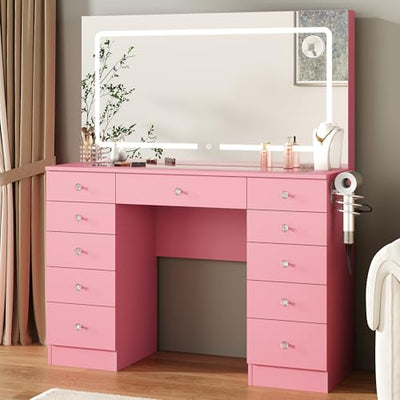 Furnivado Vanity Mirror with Lights, Vanity with Lighted Mirror, 11 Drawers Makeup Vanity Desk with 3 Lighting Modes Adjustable Brightness, Pink Vanity with Glass Top for Bedroom