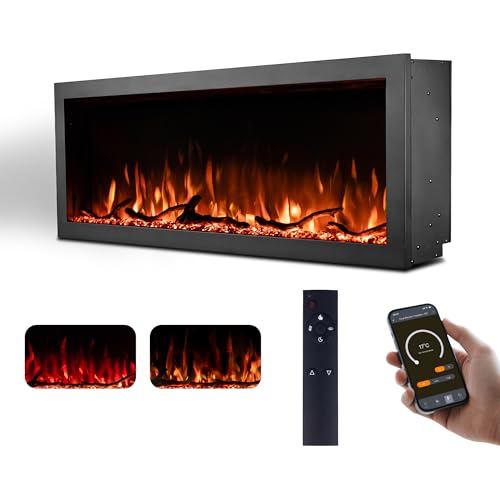 Tuan 50 Inch Linear Electric Fireplace, with Smart App Control, Wall Mount or in-Wall Recessed Fireplace Insert, 9 Hour Timer, 13 Color Changing Flames & Embers,750W/1500W Indoor Heater TUAN