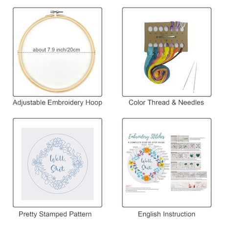 Louise Maelys Funny Embroidery Kit for Beginners,Adults Cross Stitch Kits with Flower Wreath Pattern,Needlepoint for Starters Including Cloth,Hoop,Instruction and Threads Louise Maelys