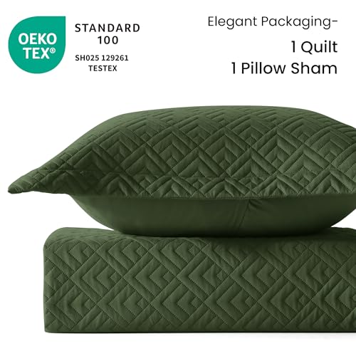EXQ Home Quilt Set Twin Size Olive Green 2 Piece,Lightweight Soft Coverlet Modern Style Squares Pattern Bedspread Set(1 Quilt,1 Pillow Sham) EXQ Home