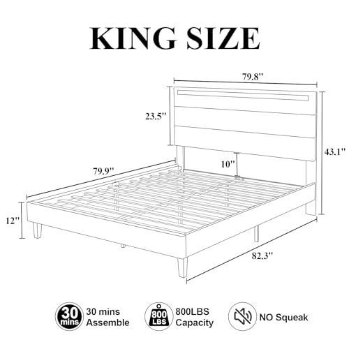Benevika King Size Upholstered LED Bed Frame with Integrated USB Ports and Sturdy Wooden Slats - Beige Benevika