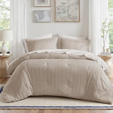 Madison Park Essentials Striped Comforter Set Queen, 7 Pieces Modern Minimalist Jacquard Bedding Set for All Season, Bed in A Bag with Sheet Set and Soft Brushed Reverse, Lightweight Neutral Madison Park Essentials