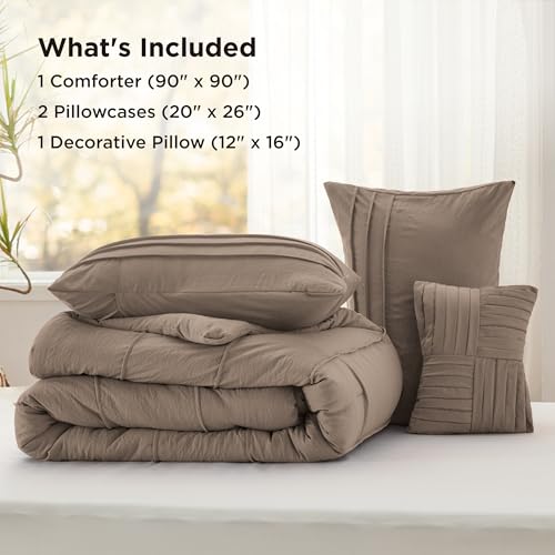 Bedsure Queen Comforter Set - 4 Pieces Pinch Pleat Bed Set, Brown Boho Bedding for All Season, 1 Soft Comforter, 2 Pillowcases, 1 Decorative Pillow Bedsure