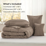 Bedsure Queen Comforter Set - 4 Pieces Pinch Pleat Bed Set, Brown Boho Bedding for All Season, 1 Soft Comforter, 2 Pillowcases, 1 Decorative Pillow Bedsure