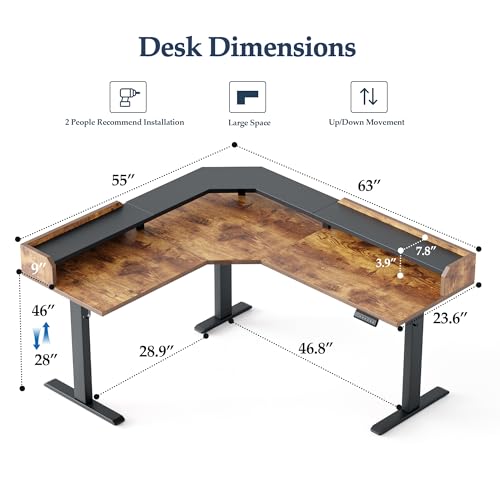 Klicelor L Shaped Standing Desk with Shelf, 63 x 55 inch Height Adjustable Corner Desk, Sit-Stand Workstation with Memory, 264lbs Load Capacity, Rustic Brown Klicelor