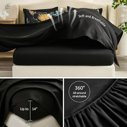 Luxudecor Queen Comforter Set 7 Pieces Bedding Sets, Black Floral Comforter and Sheet Set, Soft Microfiber Bed in a Bag for All Seasons (Black,90"x90") Luxudecor