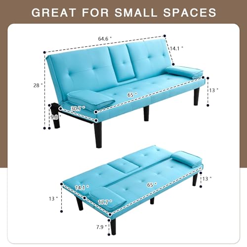 ODOLAR 67" Futon Sofa Bed,Convertible Sofa Bed with 2 Cup Holders,Sleeper Couch PVC Leather Removable Soft Armrest Small Couch for Living Room Apartments ﻿ (Blue) ODOLAR
