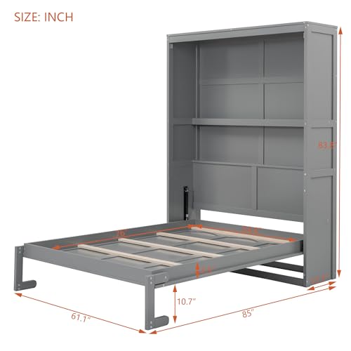 Ball & Cast Full Size Murphy Bed Wall Bed with Shelves and Mattress Holder,Wood Hideaway Cabinet Chest w/Slat Support,can be Folded,for Small Room,Dorms,Gray Ball & Cast