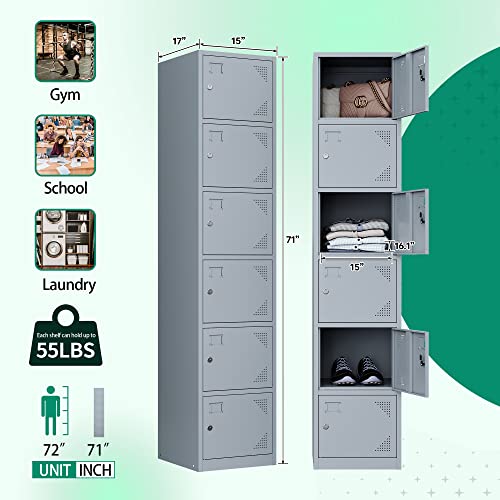 Letaya Metal Lockers for Employees,71" Steel Storage Cabinet with 6 Door Lockable for Office Staff,Home Sundries,Gym,School (Gray) - WoodArtSupply