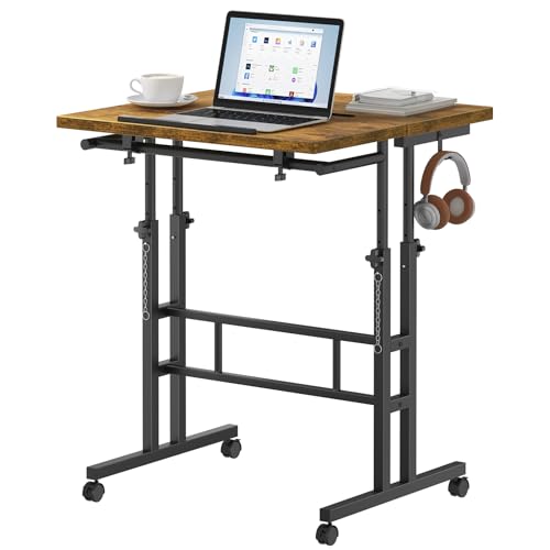 DUMOS Split Top Rolling Standing Desk, 23.6 Inch Mobile Laptop Computer Desk, Manual Adjustable Height Workstation on Wheels, Sit Stand Office Table, Walking Pad Study Desk, Rustic Brown DUMOS