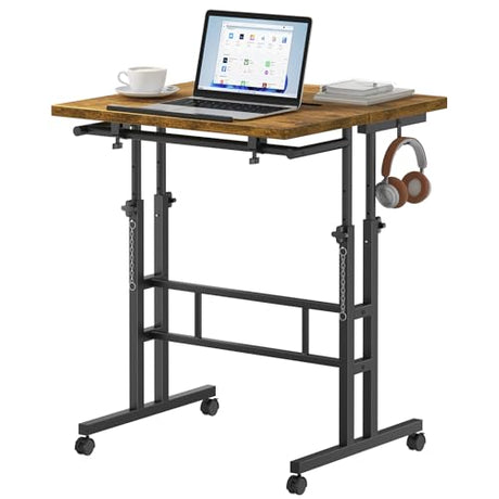 DUMOS Split Top Rolling Standing Desk, 23.6 Inch Mobile Laptop Computer Desk, Manual Adjustable Height Workstation on Wheels, Sit Stand Office Table, Walking Pad Study Desk, Rustic Brown DUMOS