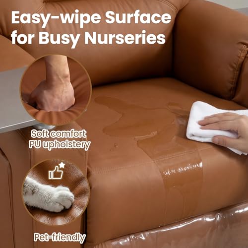 PU Leather Power Swivel Glider Recliner w/ Adjustable Headrest & Lumbar, Electric Nursery Rocking Chairs with Side Storage Space, USB Port, Phone Stand, Stry Table, Cup Holder for Nursery & Home,Brown
