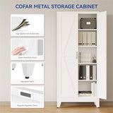 COFaR 71 in Tall Kitchen Pantry Cabinet, Metal Pantry Storage Cabinet with 4 Adjustable Shelves and 2 Barn Doors, White Freestanding Farmhouse Food Cupboard for Dining Room Living Room COFaR