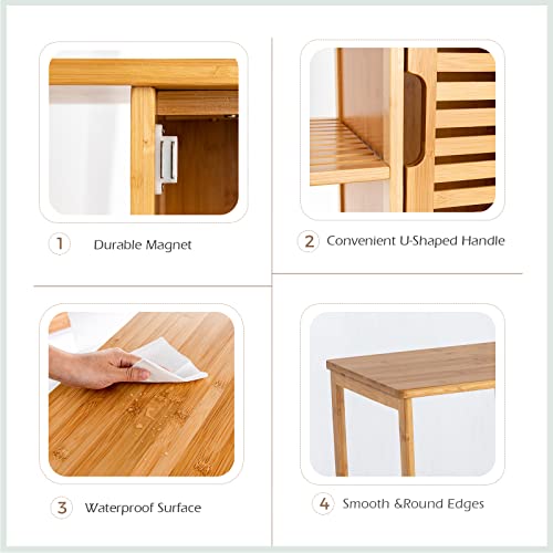 Giantex Bathroom Storage Cabinet Bamboo Floor Cabinet Free Standing Organizer, with 3-Tier Open Shelf & Multipurpose Closed Compartments for Kitchen, Living Room Giantex