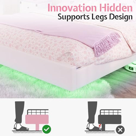 AMERLIFE Floating Full Bed Frame with Adjustable RGB LED Headboard, Leather Upholstered Platform Bed for Kids/Girls,Wood Slats Support, No Box Spring Needed, Easy Assembly, White AMERLIFE