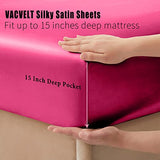 VACVELT 4pcs Hot Pink Satin Sheets King Size Bed Set, 15 Inch Deep Pocket Silky Satin Sheet Set, Soft Satin Bedding Set Cooling & Luxury Bed Sheets, 1 Fitted Sheet + 1 Flat Sheet + 2 Pillowcases VACVELT