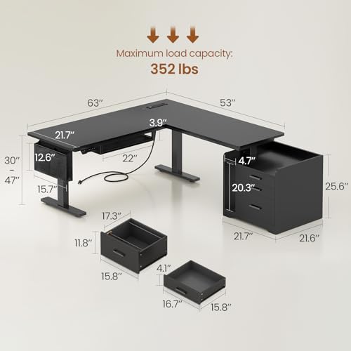SEDETA L Shaped Electric Standing Desk with File Cabinet, 63 x 53'' Height Adjustable Home Office Computer Desk with Drawers, Power Outlet, Stand up Gaming Table with Led Lights, Keyboard Tray, Black SEDETA
