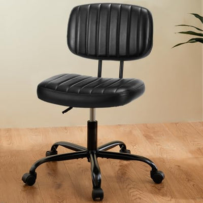 NEWBULIG Armless Small Office Desk Chair with Low Back Lumbar Support, PU Leather Computer Vanity Chair with 360° Swivel Rolling Wheels, Height Adjustable Task Chair for Small Space, Black
