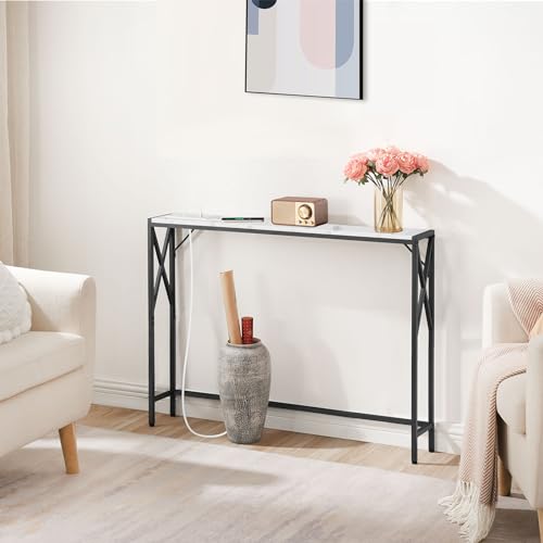 MAHANCRIS 39.4” Narrow Sofa Table with Charging Station, Skinny Console Table, Slim Entryway Hallway Couch Table, for Entrance, Foyer, Living Room, Hallway, Marble CTHM151E01 MAHANCRIS