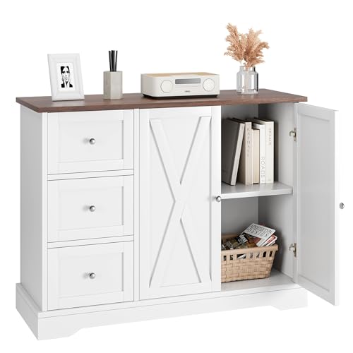 Garvee Buffet Cabinet with Drawers, 42" Large Sideboard Buffet Storage Cabinet with Shelves and Doors, Modern Farmhouse Coffee Bar Station Wood Kitchen Table for Kitchen, Dining Room, White Garvee