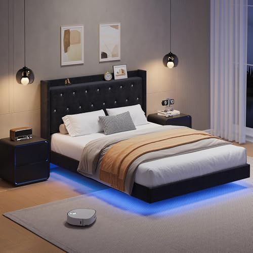 IDEALHOUSE Queen Size Bed Frame with LED Lights, Floating Platform Bed with Velvet Upholstered Storage Headboard, No Box Spring Needed, Noise Free, Easy Assembly IDEALHOUSE