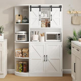 Vabches Farmhouse Pantry Cabinet, Kitchen Pantry Storage Cabinet with Sliding Door, Rustic Buffet Sideboard with Microwave Stand, Freestanding Cupboard with Shelves for Dining Room, White Vabches