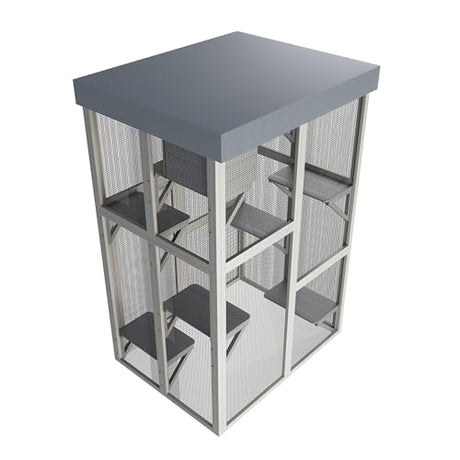 Outdoor Wooden Catio Cat House,Large Cat Enclosure with 6 Platforms,2 Napping Houses & Removable Waterproof Roof,Solid Wood Playpen Cage for Multiple Cats,Secure & Walk-in Design,70.5" H Gray GDFStudio