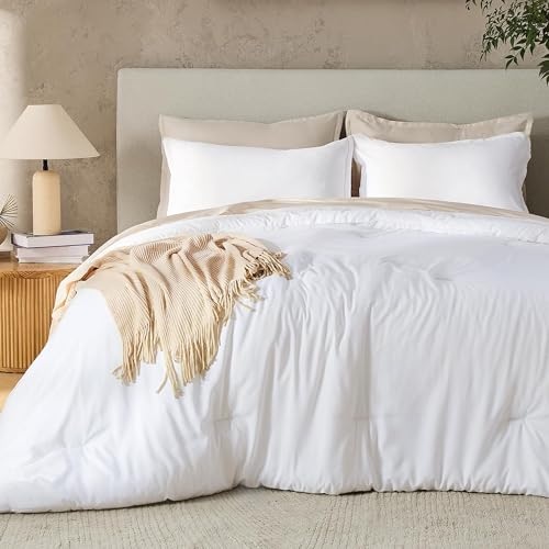 Andency White Queen Size Comforter Set, 3 Pieces Boho Solid Bedding Comforters & Sets, Modern Reversible Soft Lightweight All Season Bed Set for Men Women (90x90Inch Comforter & 2 Pillowcases) Andency