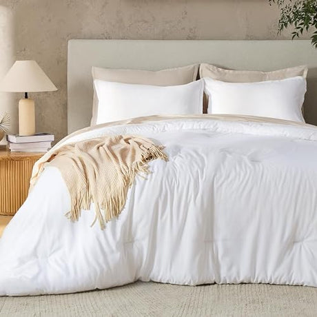 Andency White Queen Size Comforter Set, 3 Pieces Boho Solid Bedding Comforters & Sets, Modern Reversible Soft Lightweight All Season Bed Set for Men Women (90x90Inch Comforter & 2 Pillowcases) Andency