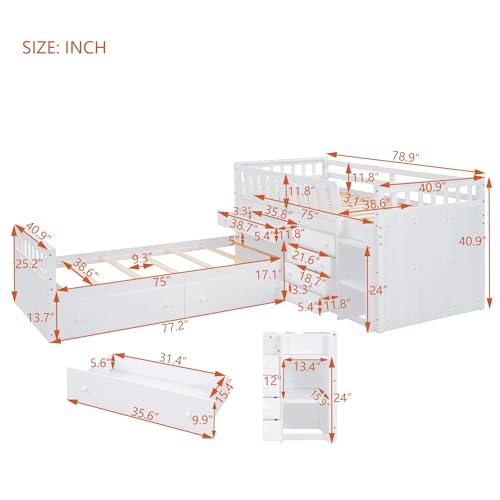 Ball & Cast L-Shaped Space-Saving Twin Low Loft with Platform Bed,Bunk Bedframe W/Full Safty Guardrails & 7 Drawers,Sturdy Construction,Easy Assembly,Functional Bedroom Set for Boy Girl Keens,White Ball & Cast