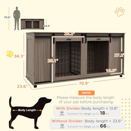 PawHut Dog Crate Furniture with Removable Divider for 2 Small Dogs or 1 Large Dog, 71" Modern Kennel Furniture End Table with Storage, Double Doors, Walnut PawHut