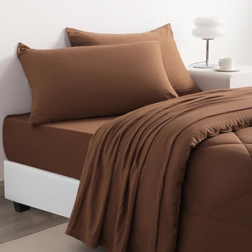 NTBAY Twin Comforter Set with Sheets, 5 Pieces Soft and Breathable Twin Bedding Set, Twin Bed in a Bag, Down Alternative Comforter Set Solid Color All Season, Kids Bedding Set, Brown NTBAY