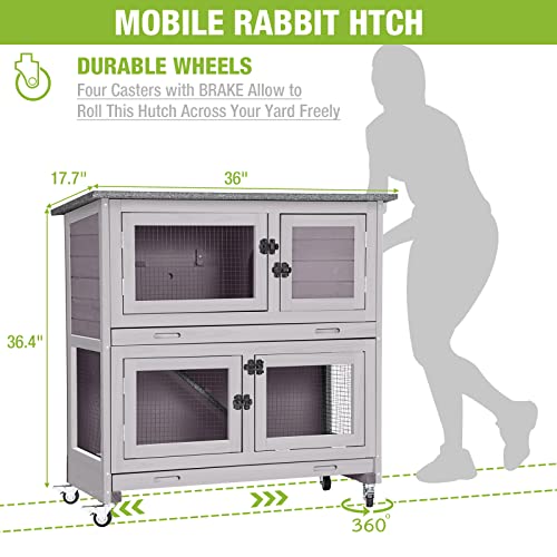 Rabbit Hutch Bunny Cage, Guinea Pig Cage Bunny Hutch Indoor, Wood Pet Cage with 4 Casters -2 Story & 2 Trays