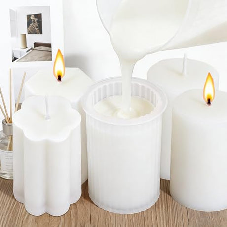 8PCS Reusable Silicone Candle Molds Set - Cylinder/Hexagon/Octagonal/Heart/Flower/Square Shapes for DIY Candle Making, Soap, Resin Crafts, Easy Release Candle Making Kit (8, Cylinder & Hexagon) QCCTPUU