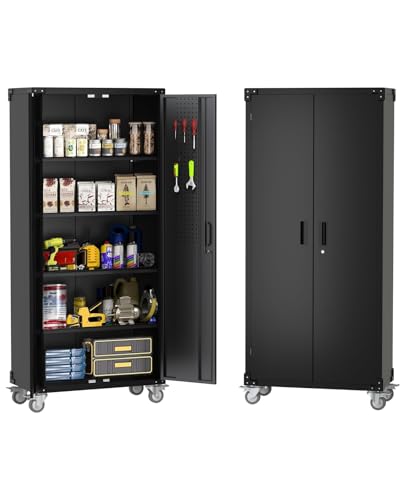 72 in Tall Garage Storage Cabinet – 600 LB Capacity Metal Tool Cabinet with Magnetic Lock, 4 Adjustable Shelves & Wheels, Heavy-Duty Steel Storage for Workshop, Home & Office Garvee
