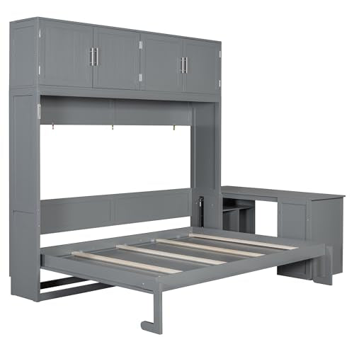 Queen Horizontal Murphy Bed with Desk and Storage Bookcase Shelves,Pine Wood Murphy Wall Bed with Storage Shelves and Desk,for Adults (Grey) MERITLINE