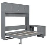 Queen Horizontal Murphy Bed with Desk and Storage Bookcase Shelves,Pine Wood Murphy Wall Bed with Storage Shelves and Desk,for Adults (Grey) MERITLINE