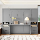 Merax Queen Size Murphy Bed with Desk, Closet, Drawers and Shelves, Fold into The Wall, Space-Saving Foldable Wood Platform Bed Frame for Small Spaces Studio Study Office Guest Room, Gray Merax