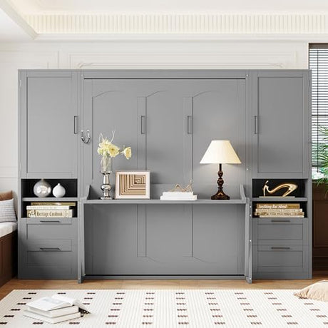 Merax Queen Size Murphy Bed with Desk, Closet, Drawers and Shelves, Fold into The Wall, Space-Saving Foldable Wood Platform Bed Frame for Small Spaces Studio Study Office Guest Room, Gray Merax
