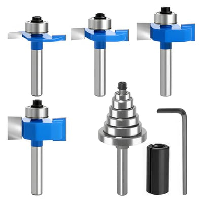 4PCS 1/4 Inch Shank Rabbet Router Bits with 6 Bearings Set (1/16", 1/8", 3/16", 1/4", 5/16", 3/8" Bearings) for Wood Grooving, Interchangeable Bearings with 1/2" to 1/4" Router Collet