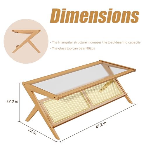 Bamworld Rattan Coffee Table Mid-Century Modern Coffee Table BambooTable with Glass Top for Living Room Office - WoodArtSupply